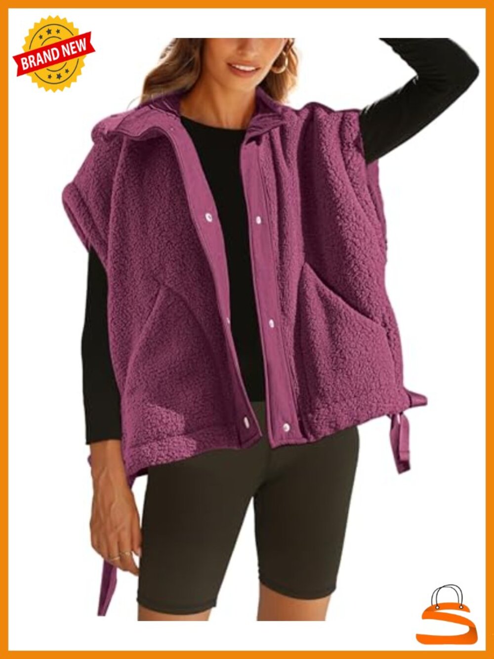 Fuzzy Fleece Vest Sleeveless Sherpa Jacket Button Drawstring Hem